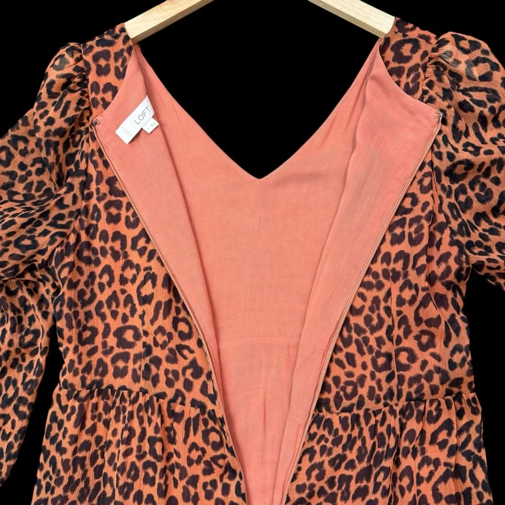 Loft Petite Leopard Print Tiered V-Neck Midi Long Sleeve Dress‎ Size 6 #211 - Picture 9 of 11